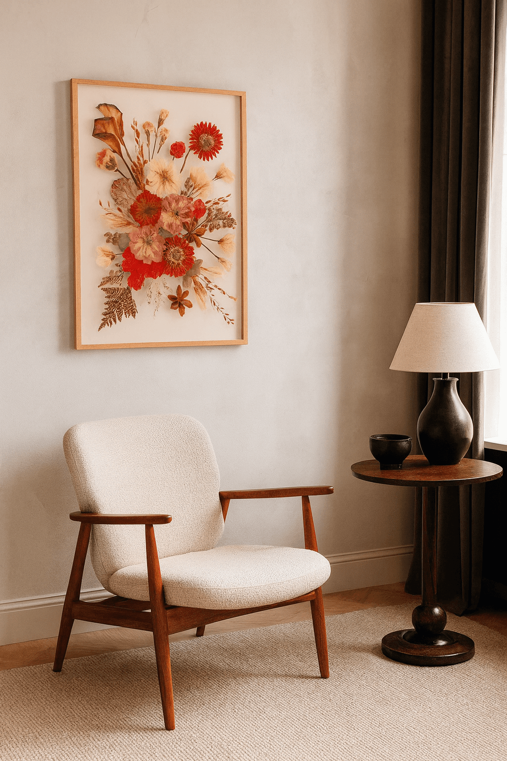Lindo quadro de buquê de tulipa branca pendurado em uma sala com decoração estilosa e minimalista.