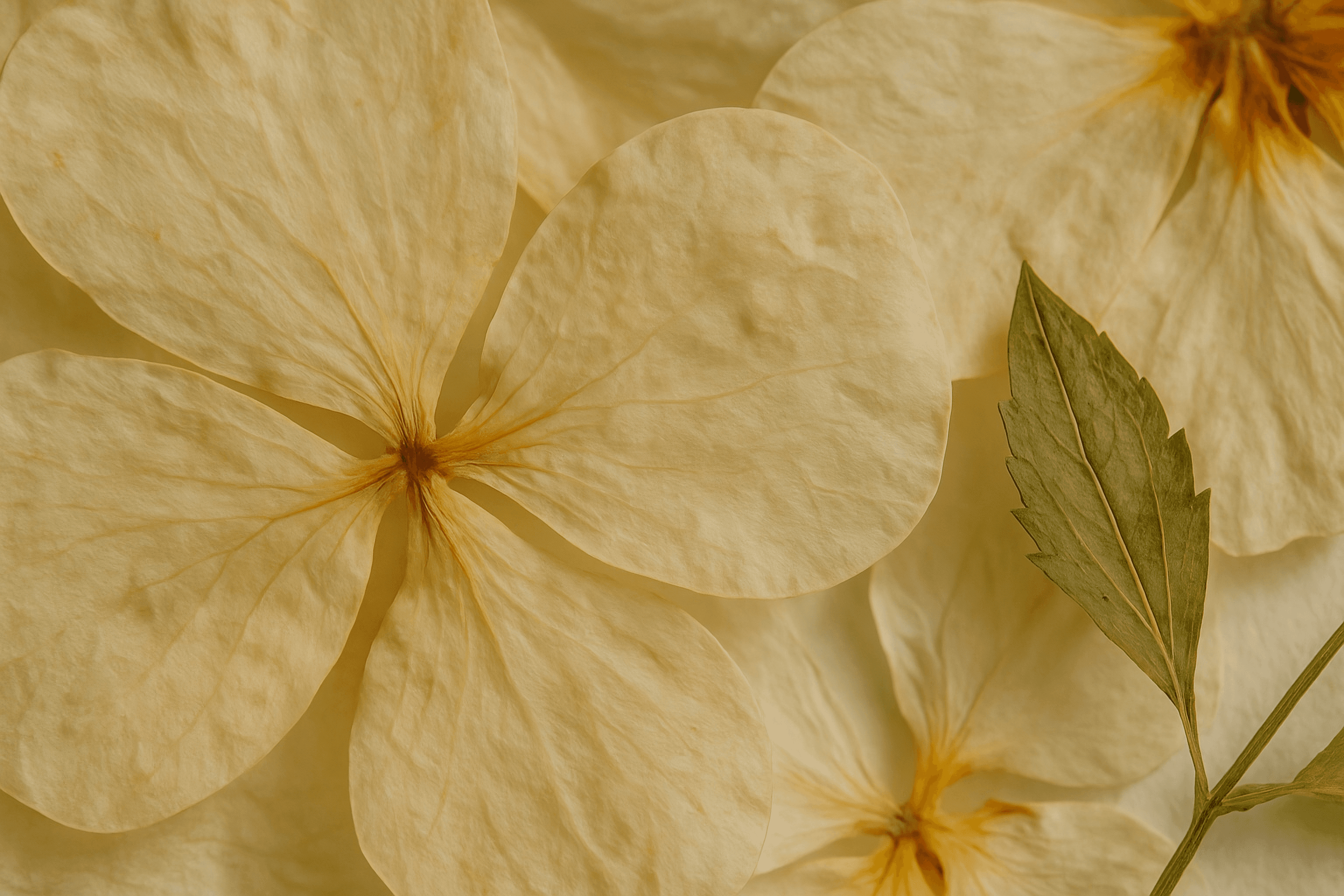 Close de flores e folhas prensadas